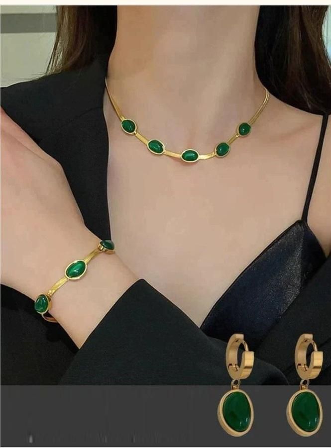 Oval Green Crystal Pendant Necklace Set With Bracelet 1ttez1-w1
